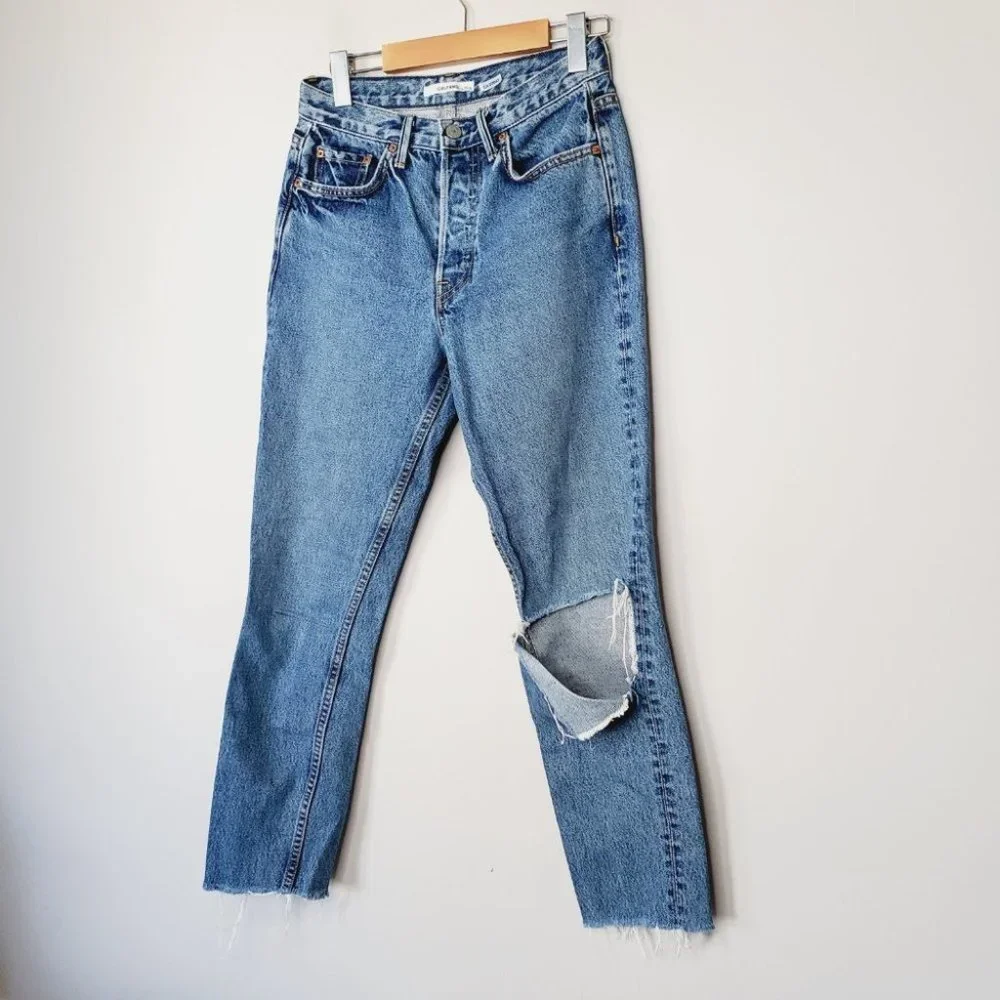 Grlfrnd Jeans Karolina Mom  High Rise Distressed Rigid Denim Blue 26 - Picture 3 of 14